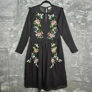 Asos Dress Womens 8 Black Sheer Embroidered Boho Floral Festival Cowgirl